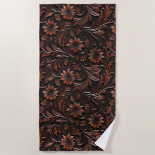 Southwest Faux Brown Leather Cowhide Flowers Beach Towel
