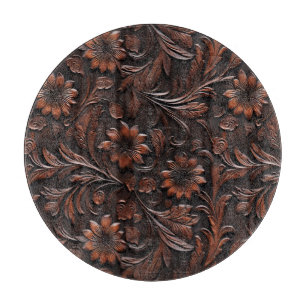 Southwest Faux Brown Leather Cowhide Flowers Cutting Board