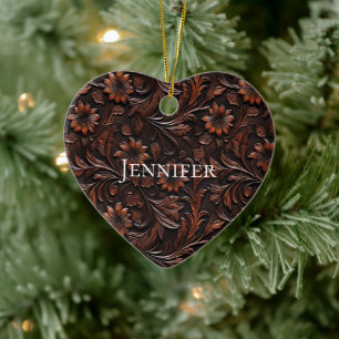 Southwest Faux Brown Leather Cowhide Flowers Name Ceramic Ornament