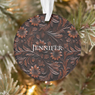 Southwest Faux Brown Leather Cowhide Flowers Name Ornament