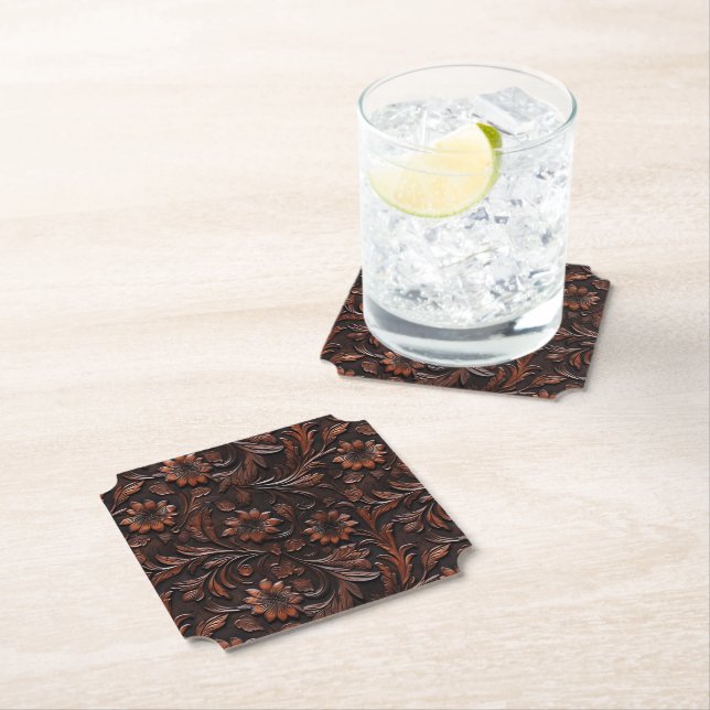 Southwest Faux Brown Leather Cowhide Flowers Paper Coaster (Insitu)