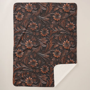 Southwest Faux Brown Leather Cowhide Flowers Sherpa Blanket
