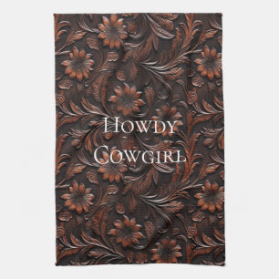 Southwest Faux Brown Leather Cowhide Flowers Tea Towel