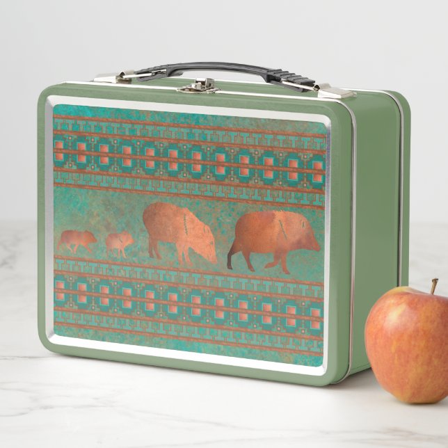 Southwest Fun Javelina Family Copper Teal Metal Lunch Box (In Situ)
