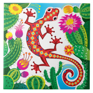 Southwest Gecko with Cactus Blossoms Ceramic Tile