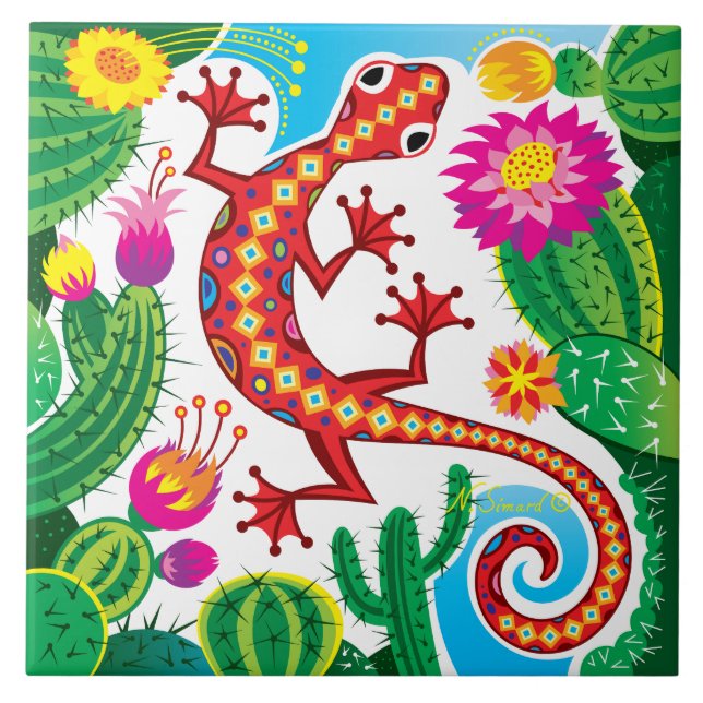 Southwest Gecko with Cactus Blossoms Ceramic Tile (Front)