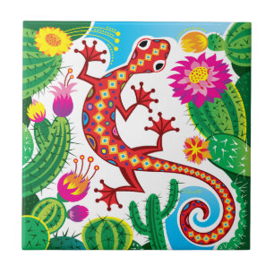 Southwest Gecko with Cactus Blossoms Ceramic Tile