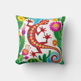 Southwest Gecko with Cactus Blossoms Cushion
