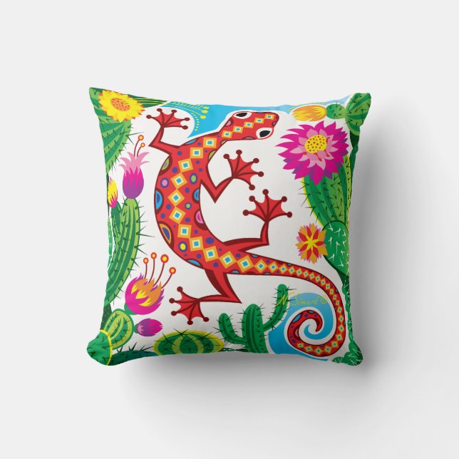 Southwest Gecko with Cactus Blossoms Cushion (Front)
