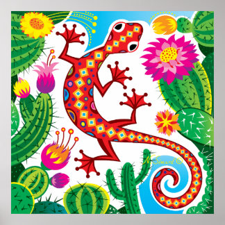 Southwest Gecko with Cactus Blossoms Poster
