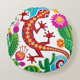 Southwest Gecko with Cactus Blossoms Round Cushion