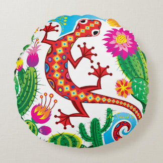Southwest Gecko with Cactus Blossoms Round Cushion