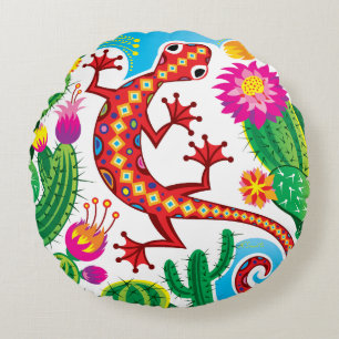Southwest Gecko with Cactus Blossoms Round Cushion