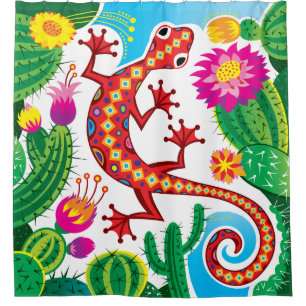 Southwest Gecko with Cactus Blossoms Shower Curtain