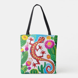 Southwest Gecko with Cactus Blossoms Tote Bag