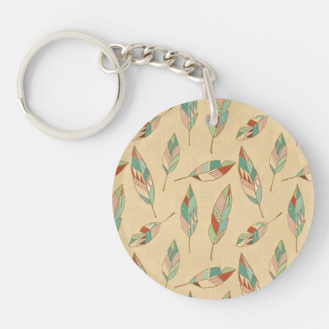 Southwest Geo Step | Coral Feather Pattern Key Ring (Front)