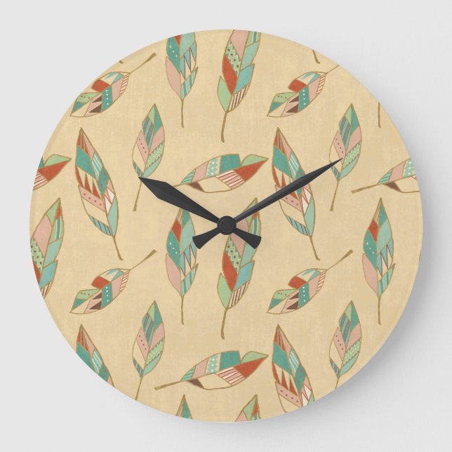 Southwest Geo Step | Coral Feather Pattern Large Clock (Front)