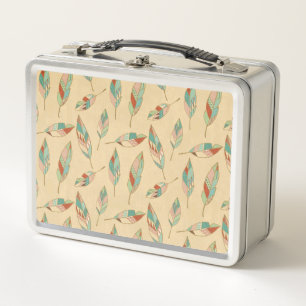 Southwest Geo Step Coral Feather Pattern Metal Lunch Box