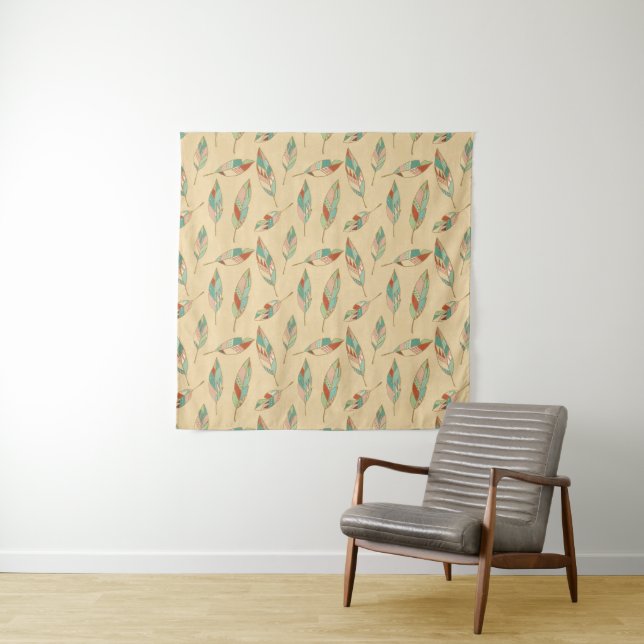 Southwest Geo Step | Coral Feather Pattern Tapestry (In Situ (Horizontal))