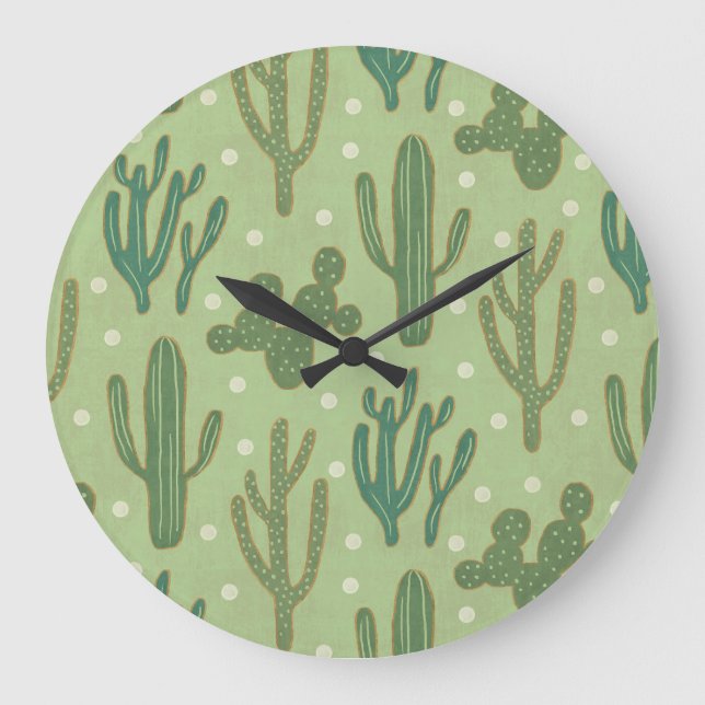 Southwest Geo Step | Green Cactus Pattern Large Clock (Front)