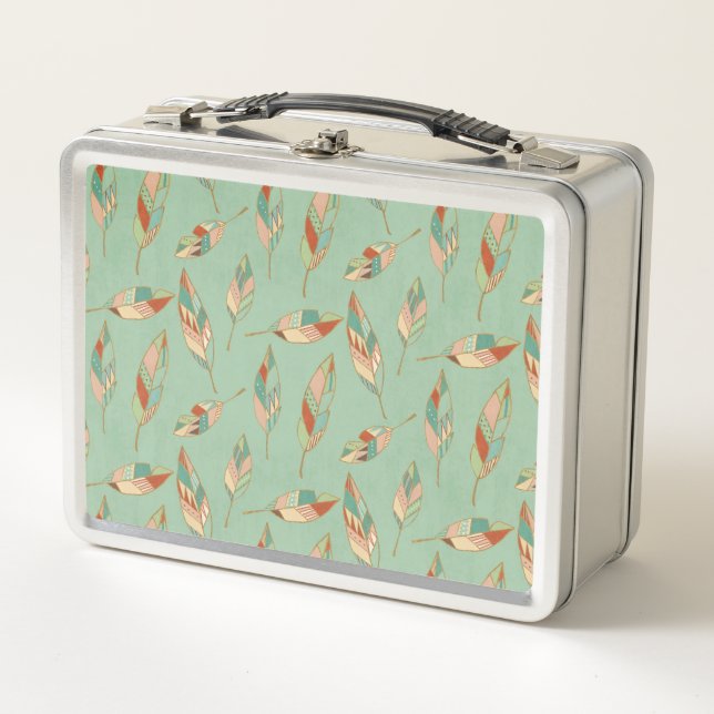 Southwest Geo Step | Green Feather Pattern Metal Lunch Box (Front)