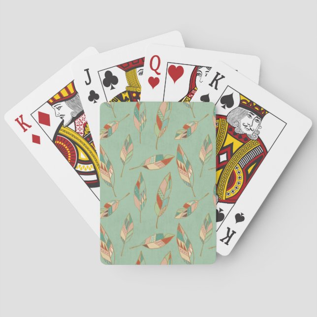 Southwest Geo Step | Green Feather Pattern Playing Cards (Back)