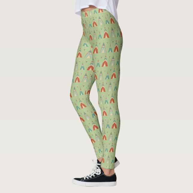Southwest Geo Step | Green Teepee Pattern Leggings (Left)