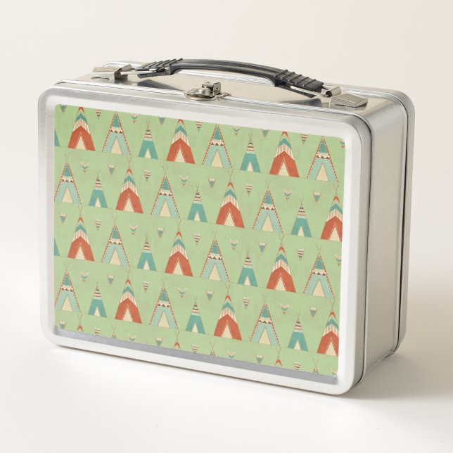 Southwest Geo Step | Green Teepee Pattern Metal Lunch Box (Front)