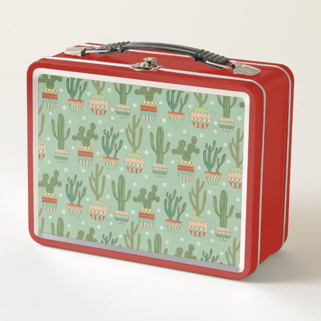 Southwest Geo Step | Potted Cactus Pattern Metal Lunch Box (Front)