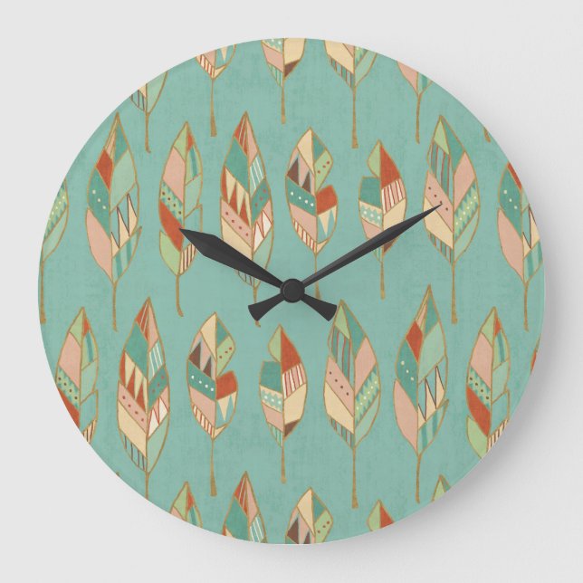 Southwest Geo Step | Watercolor Feather Pattern Large Clock (Front)
