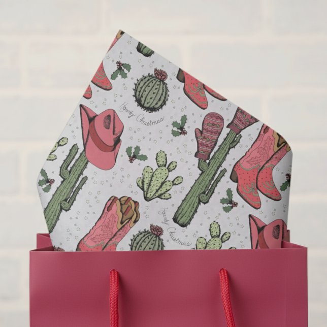 Southwest Grey Christmas Cowgirl Howdy Christmas Tissue Paper (Elegant Gray & Pink Howdy Christmas Western Cowboy Tissue Paper. Cute Cowgirl Boots & Cactus Pattern)