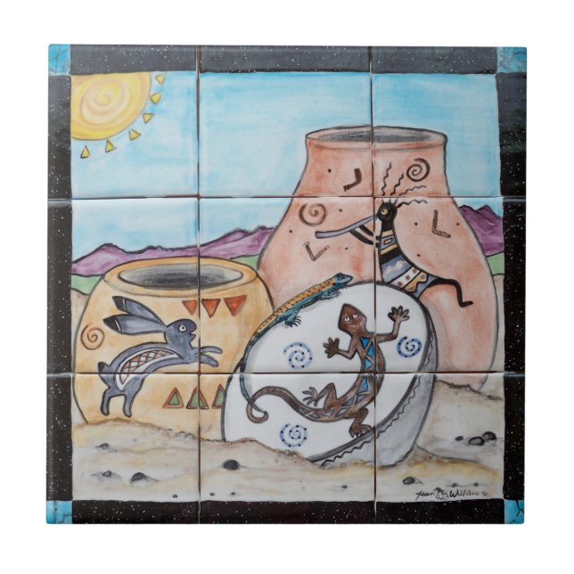 Southwest Indian Pottery Kokopelli Lizard Rabbit Ceramic Tile (Front)