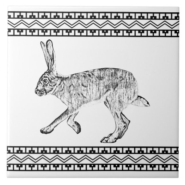 Southwest Jackrabbit Black & White Geometric Print Ceramic Tile (Front)