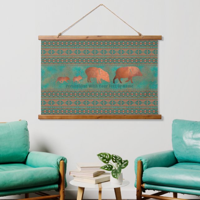 Southwest Javelina Family Copper Teal Personalised Hanging Tapestry (Living Room)