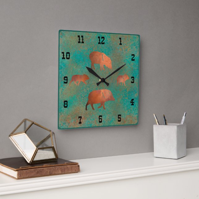 Southwest Javelina Family Teal Western Numbers Square Wall Clock (Office)