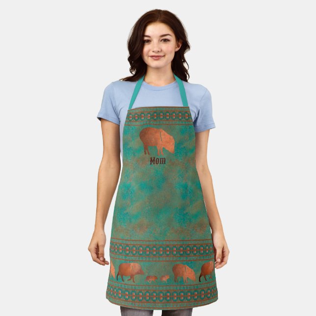 Southwest Javelina Mum Personalised Copper Teal Apron (Worn)