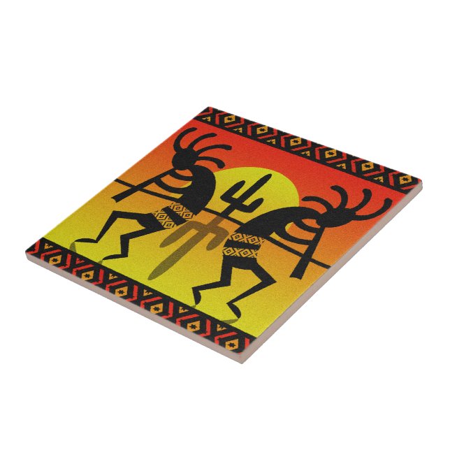 Southwest Kokopelli Cactus Tribal Design Ceramic Tile (Side)
