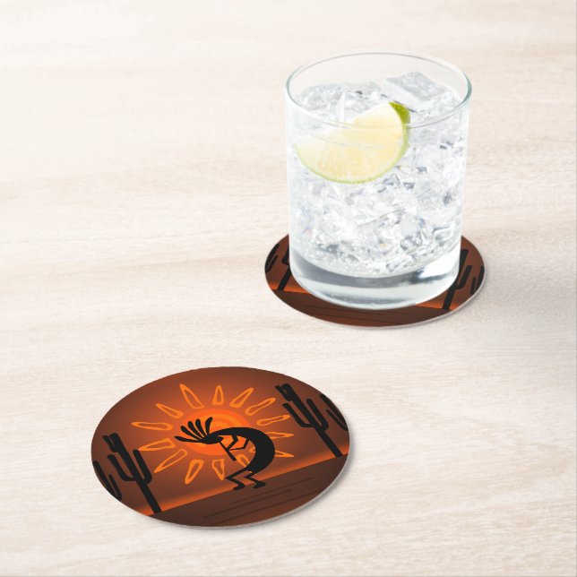Southwest Kokopelli Desert Sunset Brown Round Paper Coaster (Insitu)