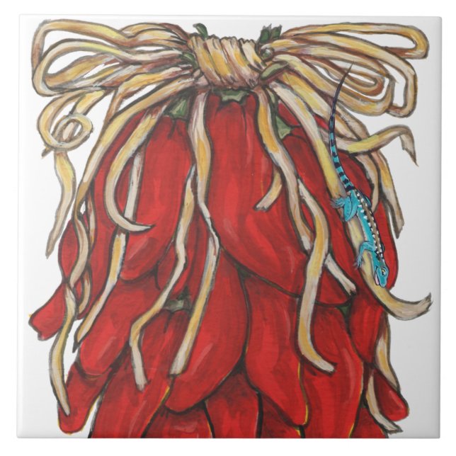 Southwest Lizard Red Chilli Pepper House # Top Ceramic Tile (Front)