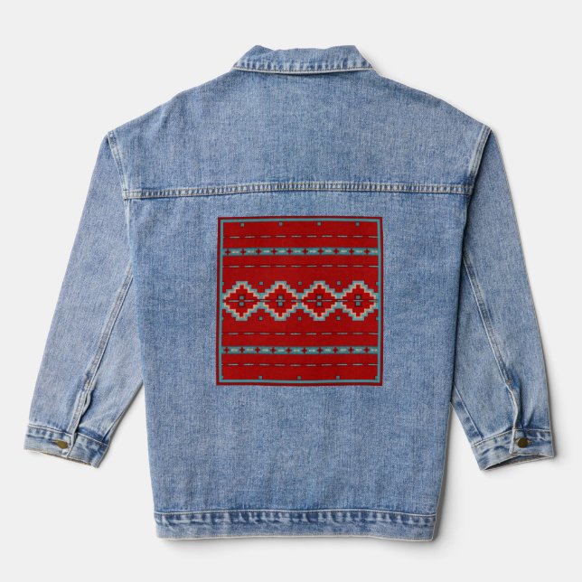 Southwest Mesas Red & Turquoise Geometric Design Denim Jacket (Back)