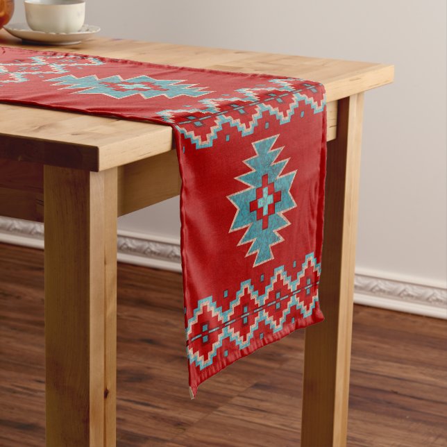 Southwest Mesas Red & Turquoise Short Table Runner (In Situ)