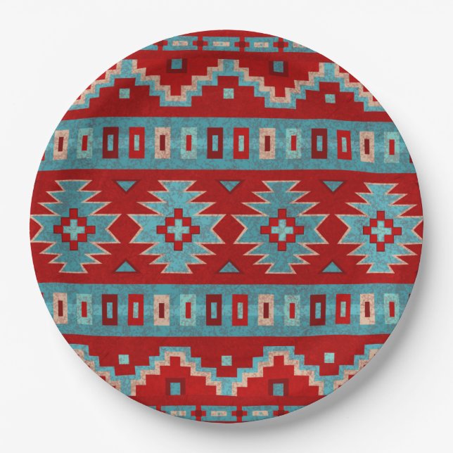 Southwest Mesas Turquoise & Red Geometric Paper Plate (Front)