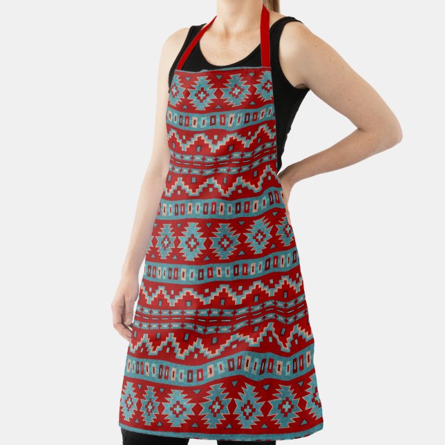 Southwest Mesas Turquoise & Red Geometric Pattern Apron (Insitu)