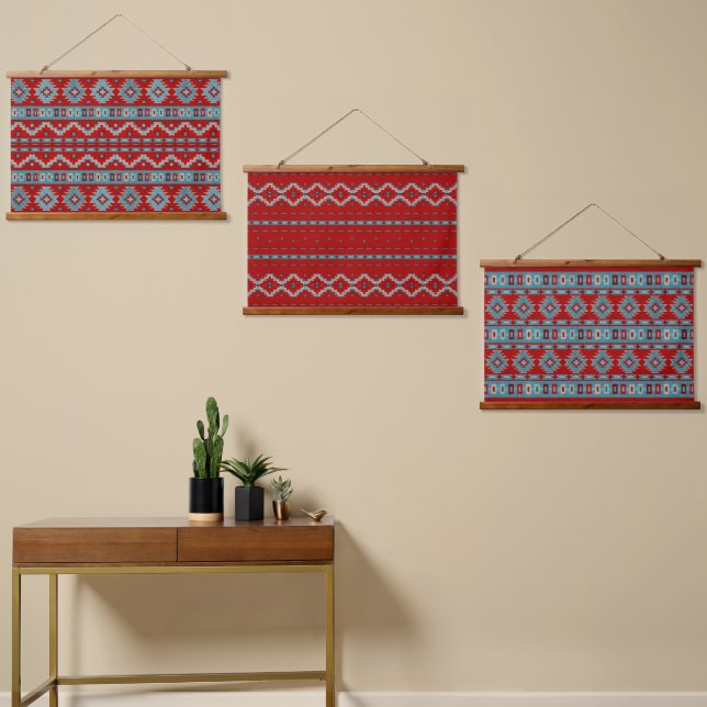 Southwest Mesas Turquoise & Red Geometric Pattern Hanging Tapestry (Asymmetrical)