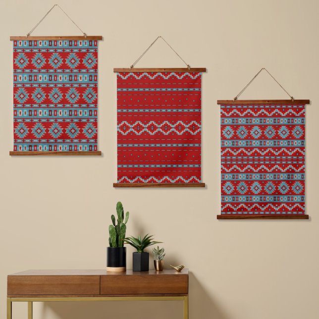 Southwest Mesas Turquoise & Red Geometric Pattern Hanging Tapestry (Asymmetrical)