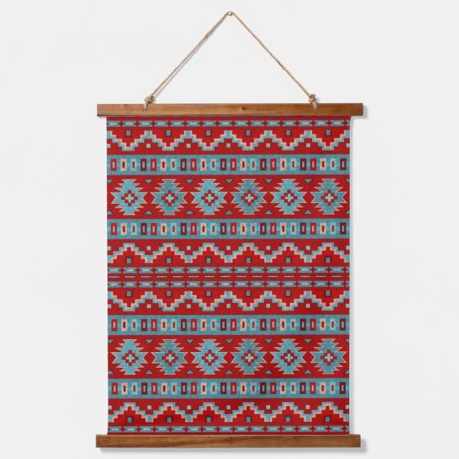 Southwest Mesas Turquoise & Red Geometric Pattern Hanging Tapestry (Front)