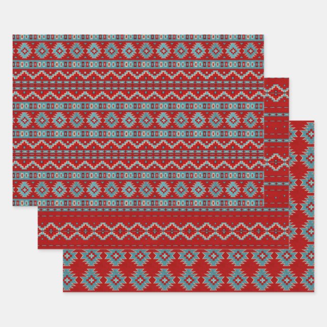Southwest Mesas Turquoise & Red Geometric Pattern Wrapping Paper Sheet (Set)