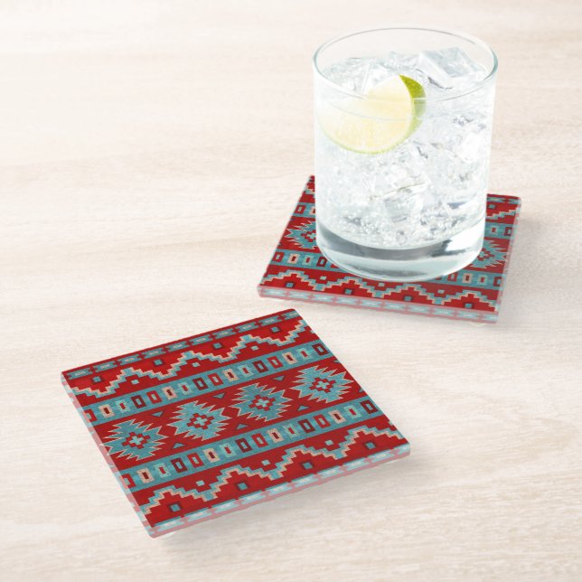Southwest Mesas Turquoise & Red Glass Coaster (Angled)