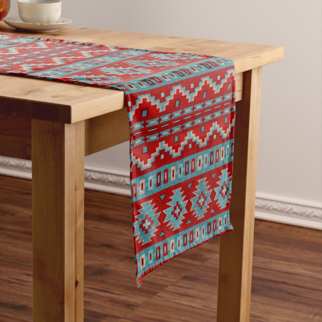 Southwest Mesas Turquoise & Red Long Table Runner (In Situ)