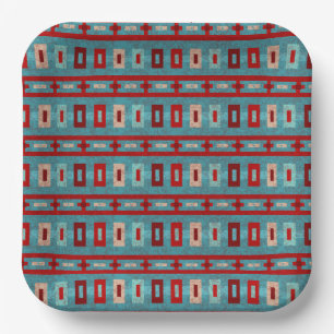 Southwest Mesas Turquoise & Red Retro Vibe Pattern Paper Plate
